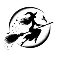 Silhouette of witch on broomstick flying on white background vector