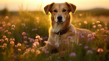 ai generado foto de un real perro posando en un campo de flores silvestres generativo ai