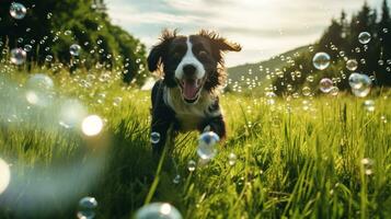 ai generado foto de un juguetón perro persiguiendo burbujas en un lozano verde. generativo ai