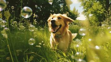 ai generado foto de un juguetón perro persiguiendo burbujas en un lozano verde. generativo ai