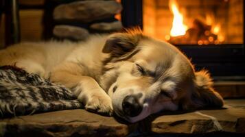 AI generated Photo of a sleepy dog curled up by the fireplace. Generative AI