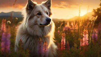 AI generated Photo of a regal dog posing in a field of wildflowers. Generative AI