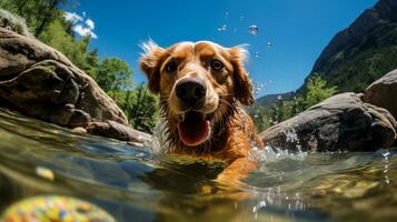 AI generated Photo of a dog cooling off in a crystal-clear mountain. Generative AI