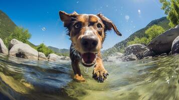 AI generated Photo of a dog cooling off in a crystal-clear mountain. Generative AI