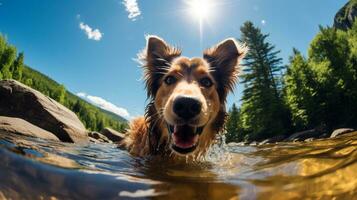 AI generated Photo of a dog cooling off in a crystal-clear mountain. Generative AI