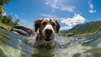 AI generated Photo of a dog cooling off in a crystal-clear mountain. Generative AI