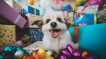 ai generado foto de un dañoso perro echar un vistazo fuera desde detrás un pila de regalos. generativo ai