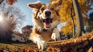 ai generado foto de un perro alegremente saltando dentro un pila de otoño hojas. generativo ai