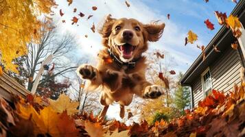 ai generado foto de un perro alegremente saltando dentro un pila de otoño hojas. generativo ai