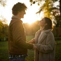 retrato de contento amoroso Pareja en parque en puesta de sol. Pareja en silueta mirando a cada otro. foto