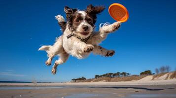 ai generado foto de un atlético perro participativo en un frisbee generativo ai