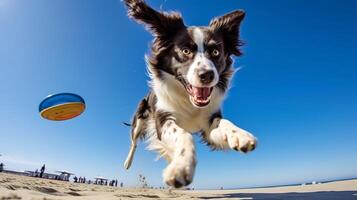 ai generado foto de un atlético perro participativo en un frisbee generativo ai