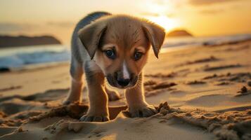 AI generated Photo of a curious puppy exploring a sandy beach at sunset. Generative AI