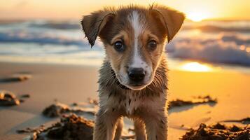 AI generated Photo of a curious puppy exploring a sandy beach at sunset. Generative AI