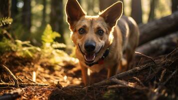 ai generado foto de un aventurero perro explorador un denso bosque. generativo ai