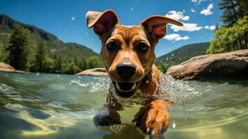 AI generated Photo of a dog cooling off in a crystal-clear mountain. Generative AI