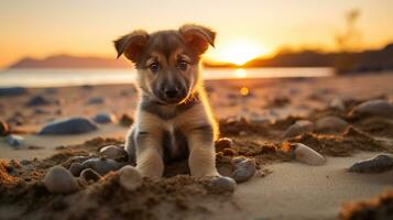 ai generado foto de un curioso perrito explorador un arenoso playa a puesta de sol. generativo ai