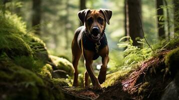 AI generated Photo of an adventurous dog exploring a dense forest. Generative AI