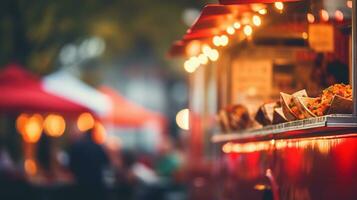 ai generado generativo ai, comida camión calle festival, borroso luces fondo, atmosférico Bokeh, apagado colores foto