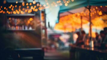 ai generado generativo ai, comida camión calle festival, borroso luces fondo, atmosférico Bokeh, apagado colores foto