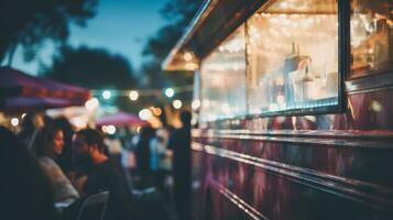 ai generado generativo ai, comida camión calle festival, borroso luces fondo, atmosférico Bokeh, apagado colores foto