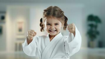 ai generado generativo ai, niño vestido en un blanco kárate kimono, práctica taekwondo, kárate, judo foto