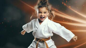 ai generado generativo ai, niño vestido en un blanco kárate kimono, práctica taekwondo, kárate, judo foto