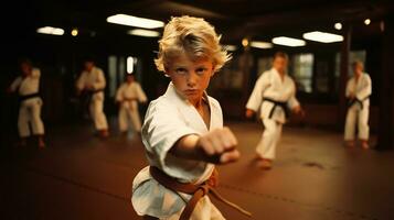 ai generado generativo ai, niño vestido en un blanco kárate kimono, práctica taekwondo, kárate, judo foto