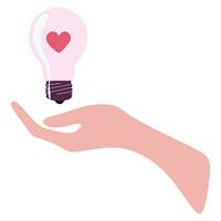 Human Hand Holds and Gives gives to someone lamp with heart inside of it. Concept of creativity business ideas and solutions, Love power. Vector Flat Cartoon illustration isolated on white for Poster