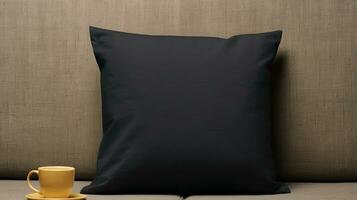 AI generated Generative AI, Black pillow mockup in the living room with copy space, cushion blank photo