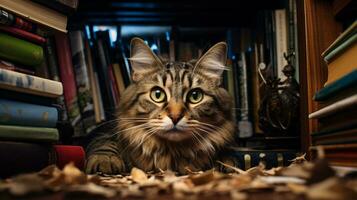 AI generated Photo of a mischievous cat exploring a bookshelf. Generative AI