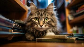 ai generado foto de un dañoso gato explorador un estante para libros. generativo ai