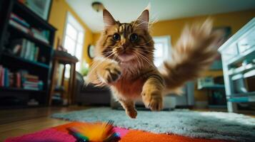 AI generated Photo of a playful cat chasing a feather toy. Generative AI