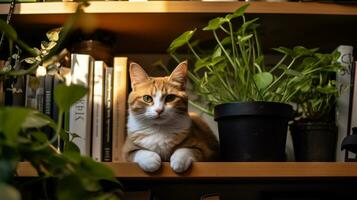 Photo of a cat sitting on a bookshelf. Generative AI