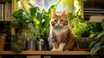Photo of a cat sitting on a bookshelf. Generative AI