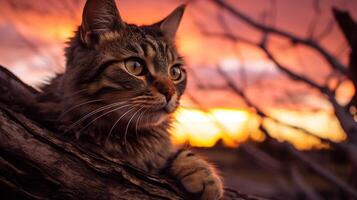 foto de un gato encaramado en un árbol rama en contra un Dom. generativo ai