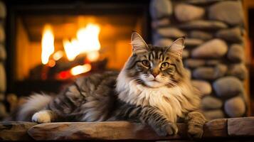 Photo of a cat sitting beside a warm fireplace. Generative AI
