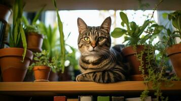 Photo of a cat sitting on a bookshelf. Generative AI