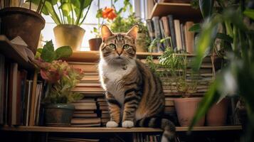 Photo of a cat sitting on a bookshelf. Generative AI