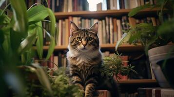 Photo of a cat sitting on a bookshelf. Generative AI