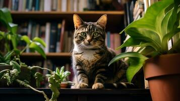 Photo of a cat sitting on a bookshelf. Generative AI