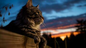 Photo of a cat perched on a fence against a twilight. Generative AI