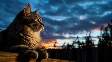 Photo of a cat perched on a fence against a twilight. Generative AI