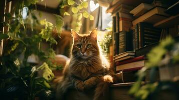 Photo of a cat sitting on a bookshelf. Generative AI