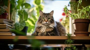 Photo of a cat sitting on a bookshelf. Generative AI