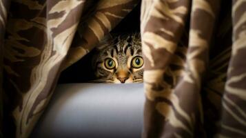 AI generated Photo of a cat peeking out from behind a curtain. Generative AI