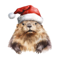 ai généré castor portant Père Noël chapeau pour Noël événement. aquarelle style. ai généré png