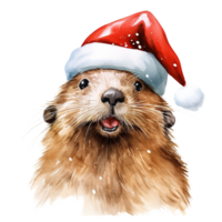 ai généré castor portant Père Noël chapeau pour Noël événement. aquarelle style. ai généré png