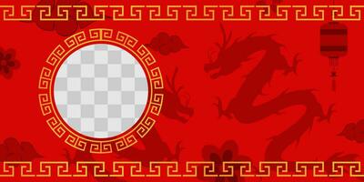 red chinese new year background with silhouettes of dragons, lanterns, clouds, flowers. free copy space area design. vector for banner, poster, greeting card, social media, web.