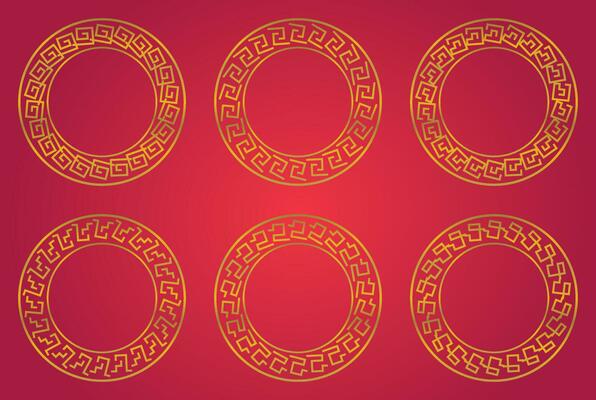 Collection of Chinese New Year circle ornament frames. gold color geometric design. vector decoration for Asian theme frame